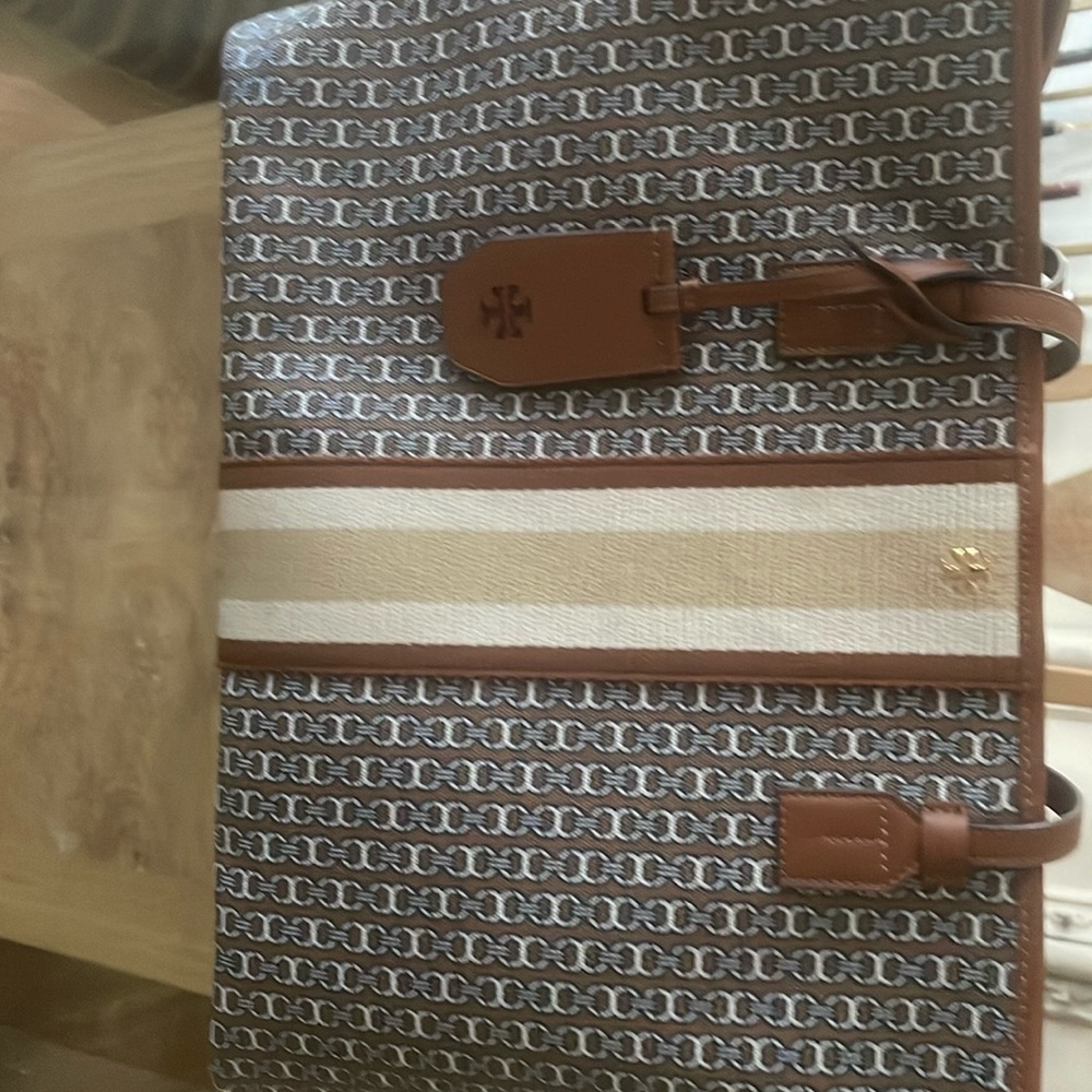 Tory Burch Brown Logo-Print Canvas Tote with Cream and White Stripe